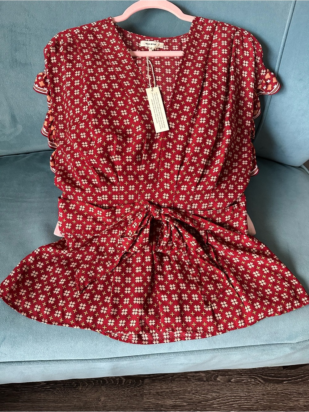 Max Studio Burgundy Floral Tie-Front Peplum Blouse